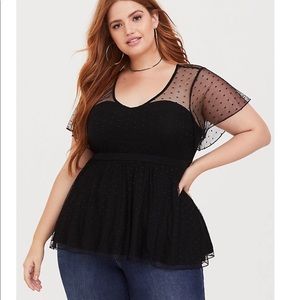BLACK DOT MESH BABYDOLL TOP
